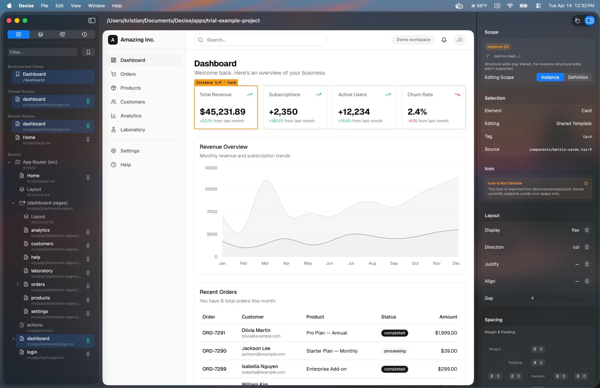 Decise visual editor with a Next.js project open and an element selected in the inspector