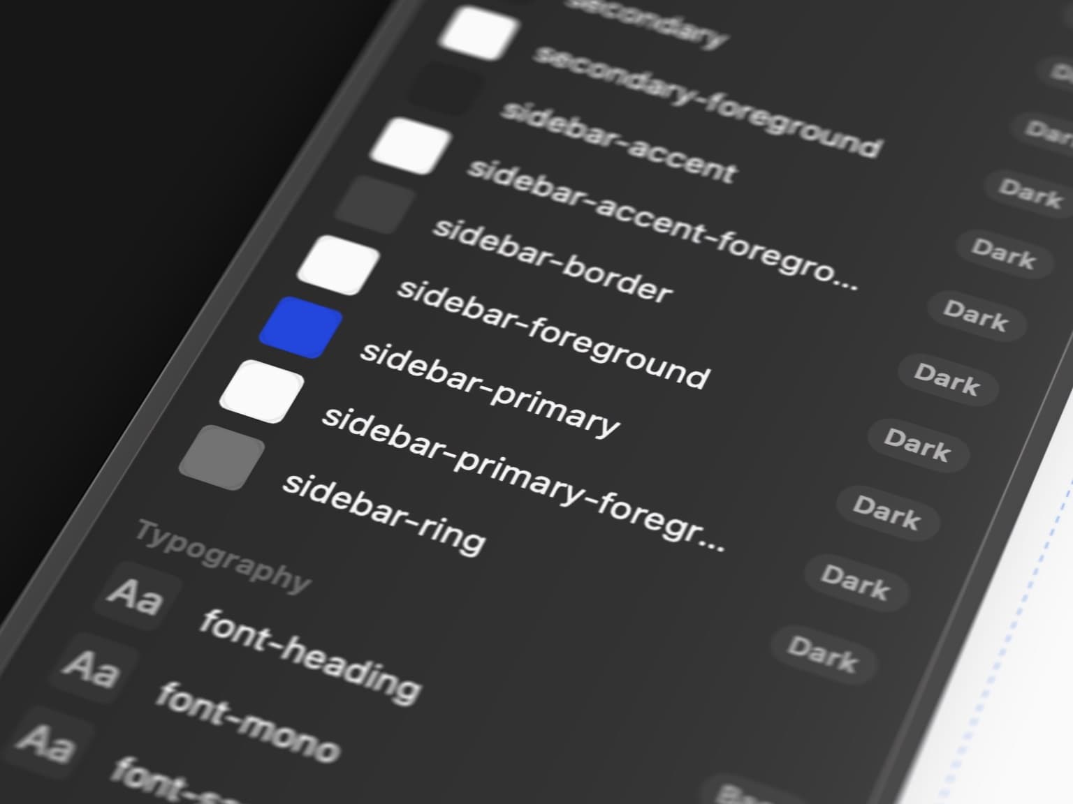 Decise showing the editable design system tokens for colors, fonts, and radii.
