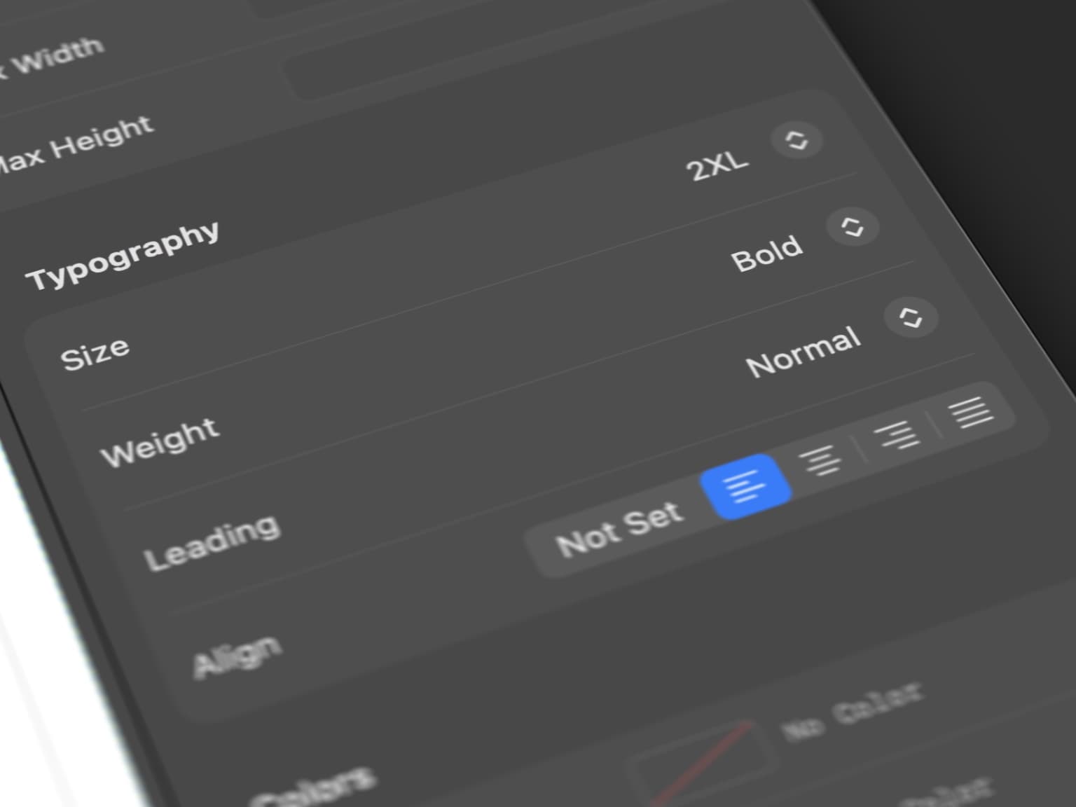 Decise showing the Colors & Gradients inspector with live controls for text, border, and gradient editing.