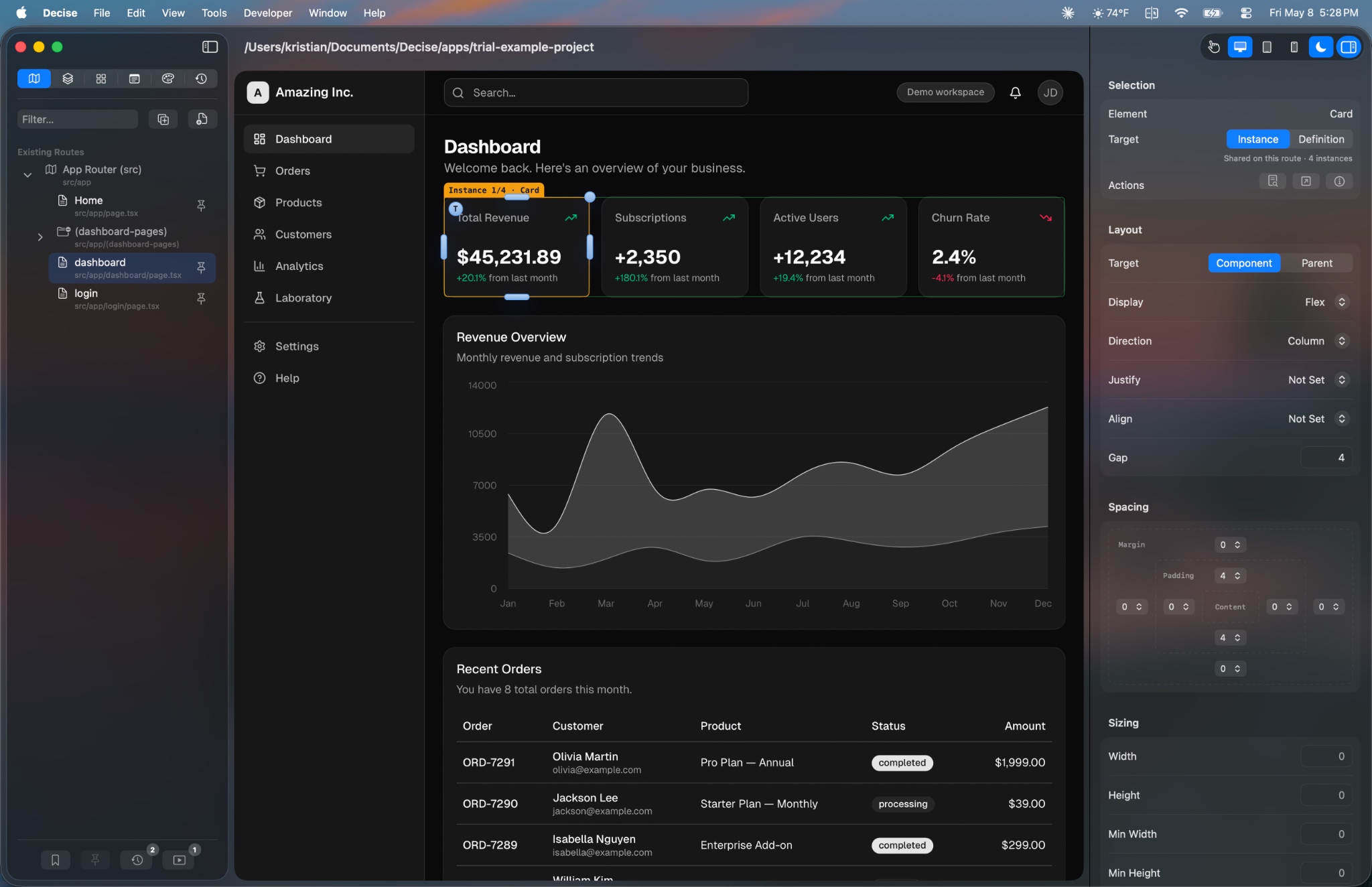 Decise visual editor with a Next.js project open and an element selected in the inspector